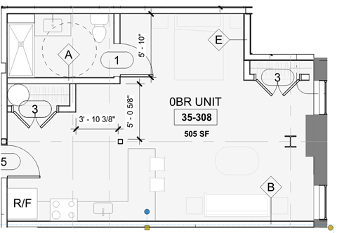 Floor plan for studio, 1 bath, 529 sqft